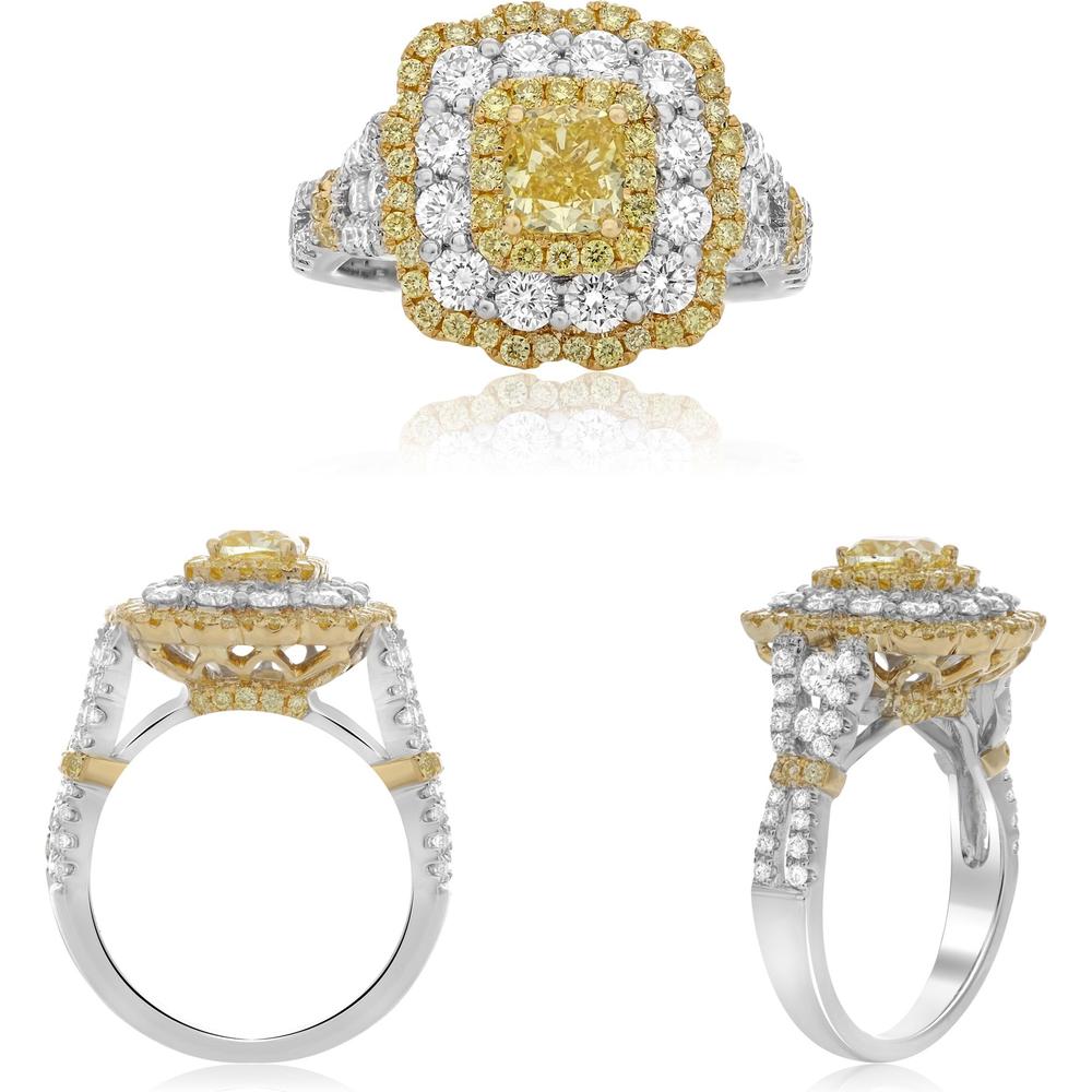 Roman & Jules - 18K White and Yellow Gold Cushion Fancy Yellow Diamond Halo Ring with Round Diamonds - 1.12 Carat Total Diamond Weight