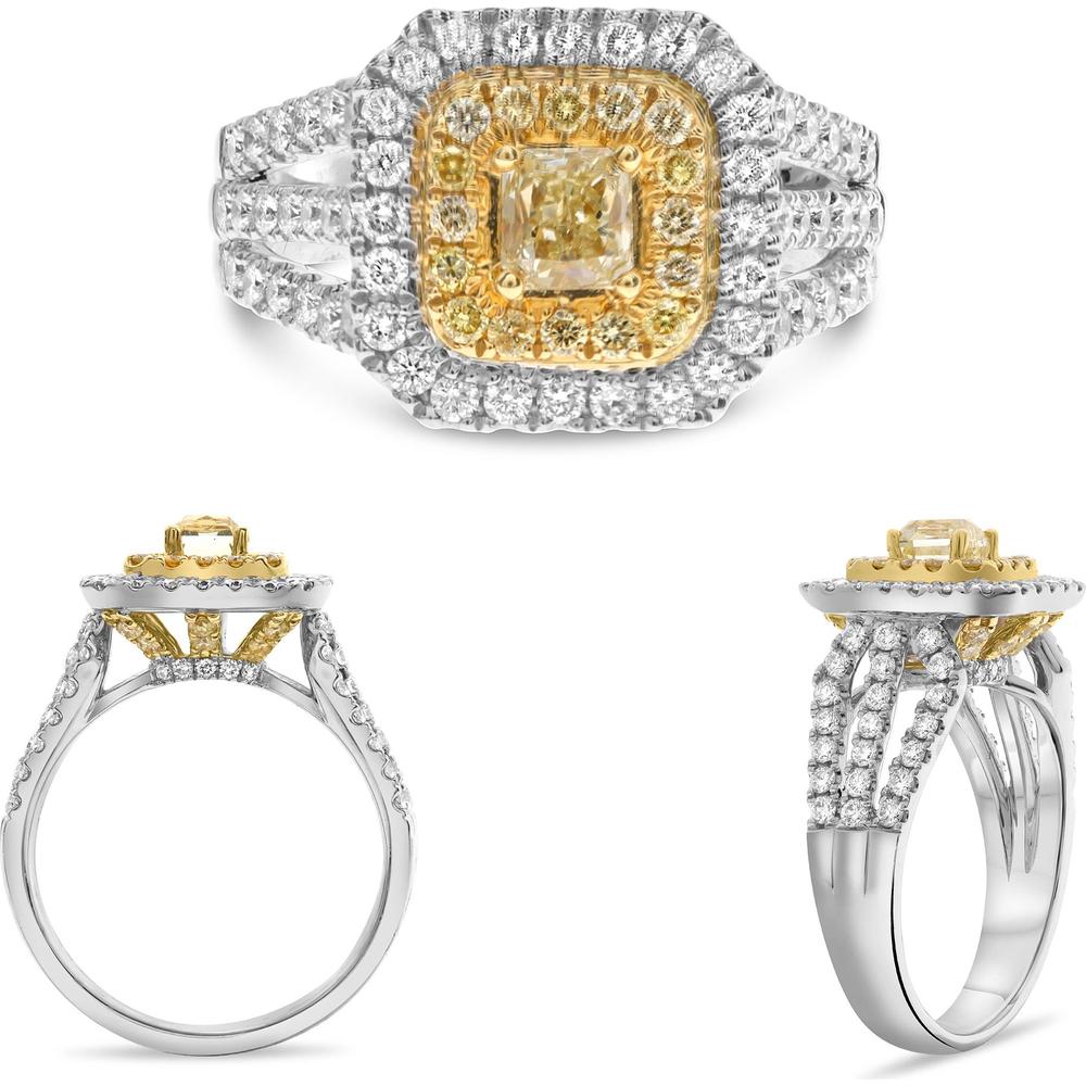 Roman & Jules - 18K White and Yellow Gold Cushion Fancy Yellow Diamond Halo Ring with Round Diamonds - 1.53 Carat Total Diamond Weight