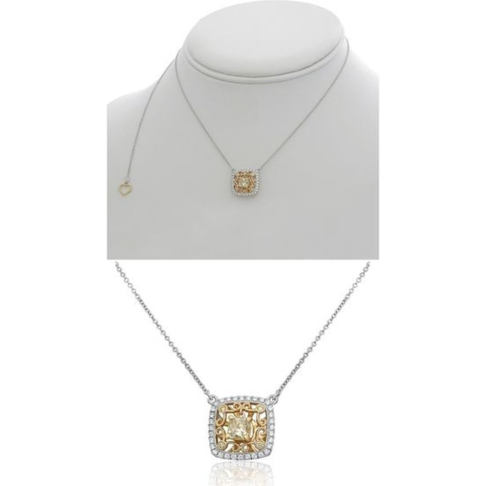 Roman & Jules - 18K White and Yellow Gold Cushion Fancy Yellow Diamond Necklace with Round Diamonds - 0.77 Carat Total Diamond Weight