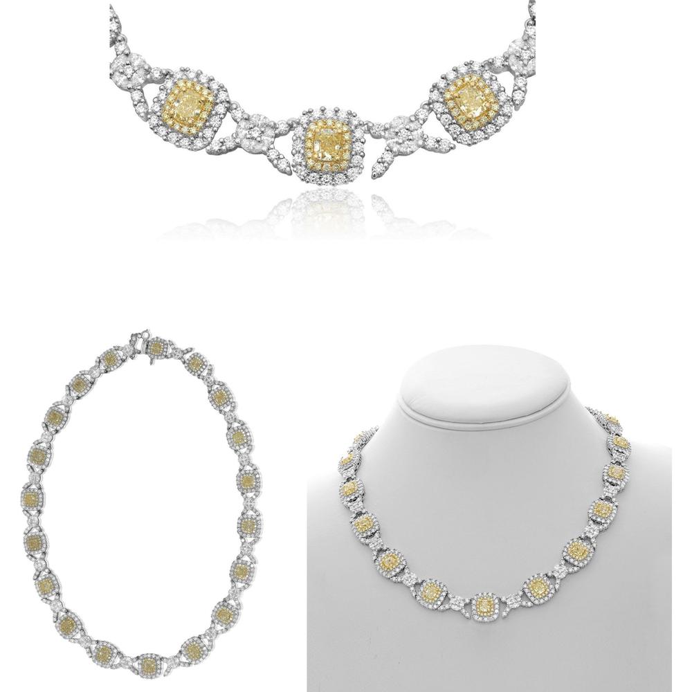 Roman & Jules - 18K White and Yellow Gold Cushion Fancy Yellow Diamond Necklace with Round Diamonds - 14.58 Carat Total Diamond Weight