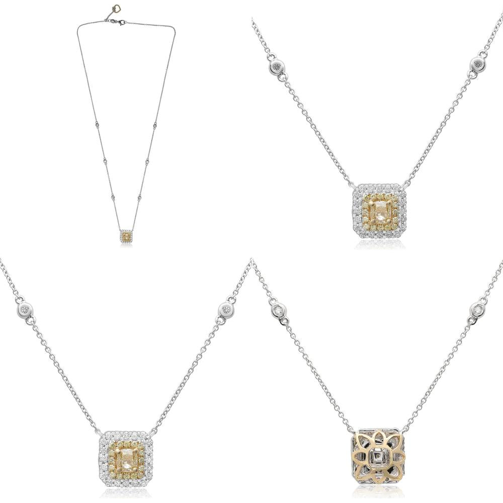 Roman & Jules - 18K White and Yellow Gold Cushion Fancy Yellow Diamond Necklace with Round White Diamonds - 0.63 Carat Total Diamond Weight