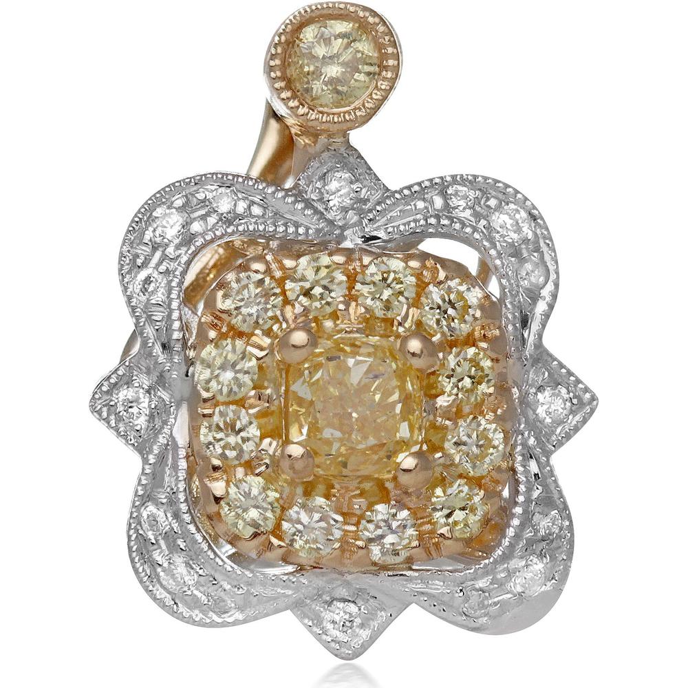 Roman & Jules - 18K White and Yellow Gold Cushion Fancy Yellow Diamond Pendant with Halo and Round White Diamonds - 0.54 Carat Total Diamond Weight