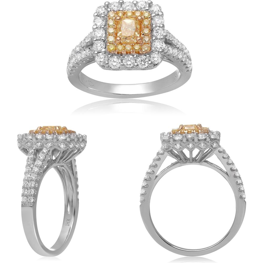 Roman & Jules - 18K White and Yellow Gold Cushion Fancy Yellow Diamond Ring with 1.50 Carat Total Diamond Weight