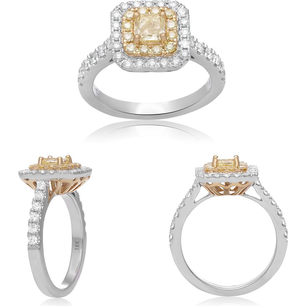 Roman & Jules - 18K White and Yellow Gold Cushion Fancy Yellow Diamond Ring with Halo and Radiant Cut Diamonds - 1.30 Carat Total Diamond Weight