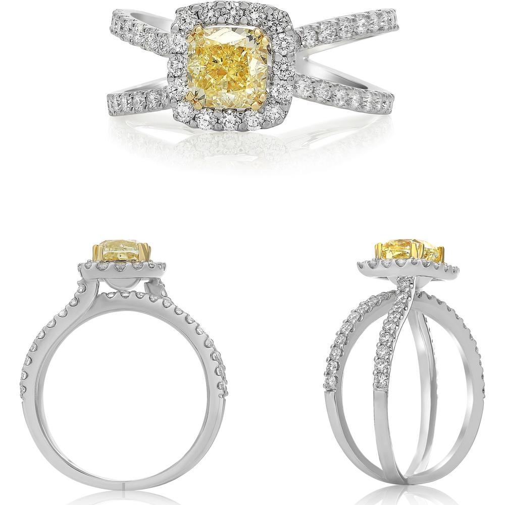 Roman & Jules - 18K White and Yellow Gold Cushion Fancy Yellow Diamond Ring with Halo and Round Diamonds - 1.18 Carat Total Diamond Weight