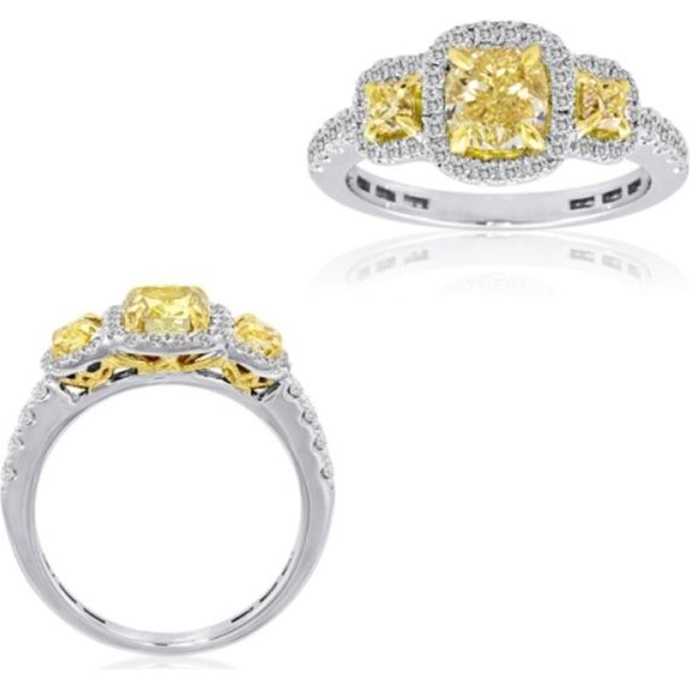 Roman & Jules - 18K White & Yellow Gold Cushion Fancy Yellow Diamond Ring with Halo and Trapezoidal Diamonds - 1.07 Carat Total Diamond Weight