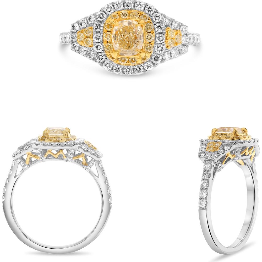 Roman & Jules - 18K White and Yellow Gold Cushion Fancy Yellow Diamond Ring with Halo of Round White Diamonds - 1.40 Carat Total Diamond Weight