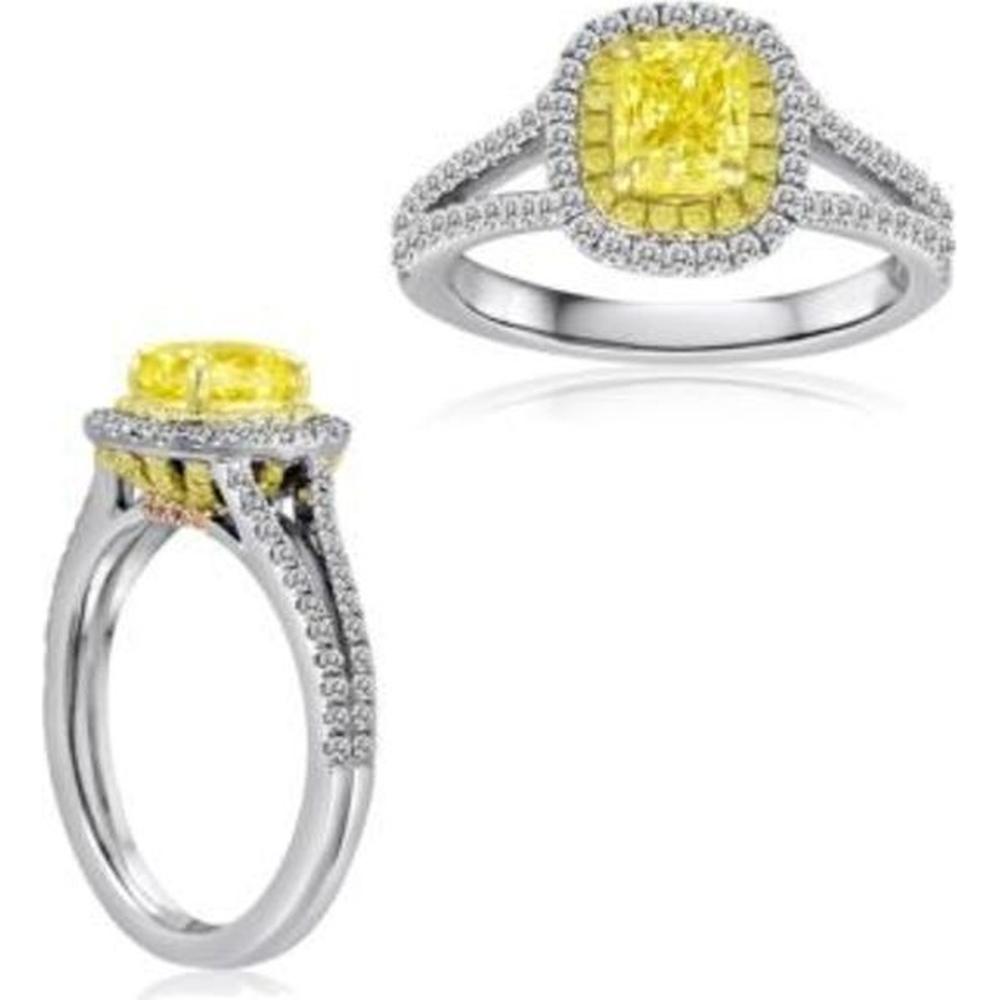 Roman & Jules - 18K White and Yellow Gold Cushion Fancy Yellow Diamond Ring with Round and Pink Diamonds - 1.26 Carat Total Diamond Weight