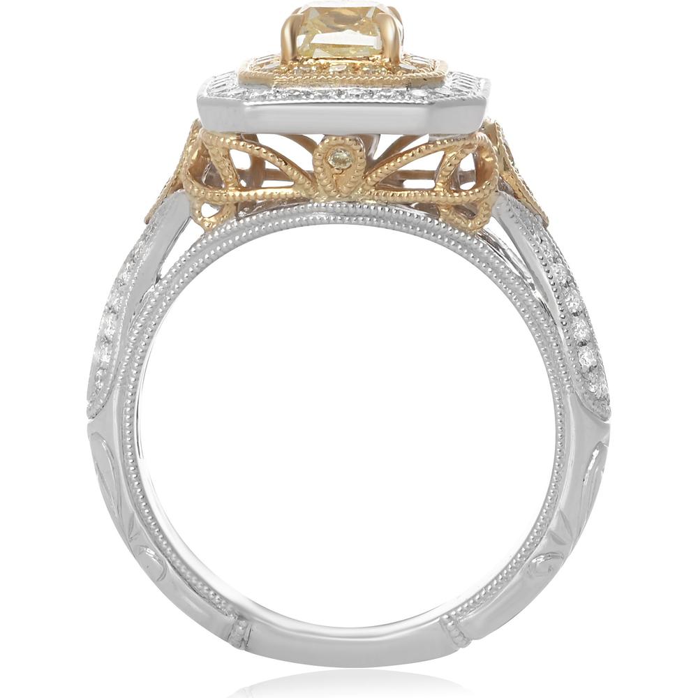 Roman & Jules - 18K White and Yellow Gold Cushion Fancy Yellow Diamond Ring with Round and Radiant Cut Diamonds - 0.80 Carat Total Diamond Weight