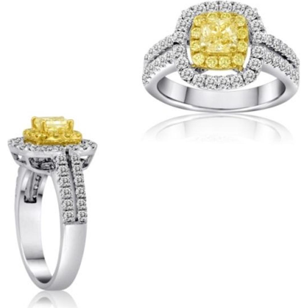 Roman & Jules - 18K White and Yellow Gold Cushion Fancy Yellow Diamond Ring with Round Diamonds - 0.72 Carat Total Diamond Weight