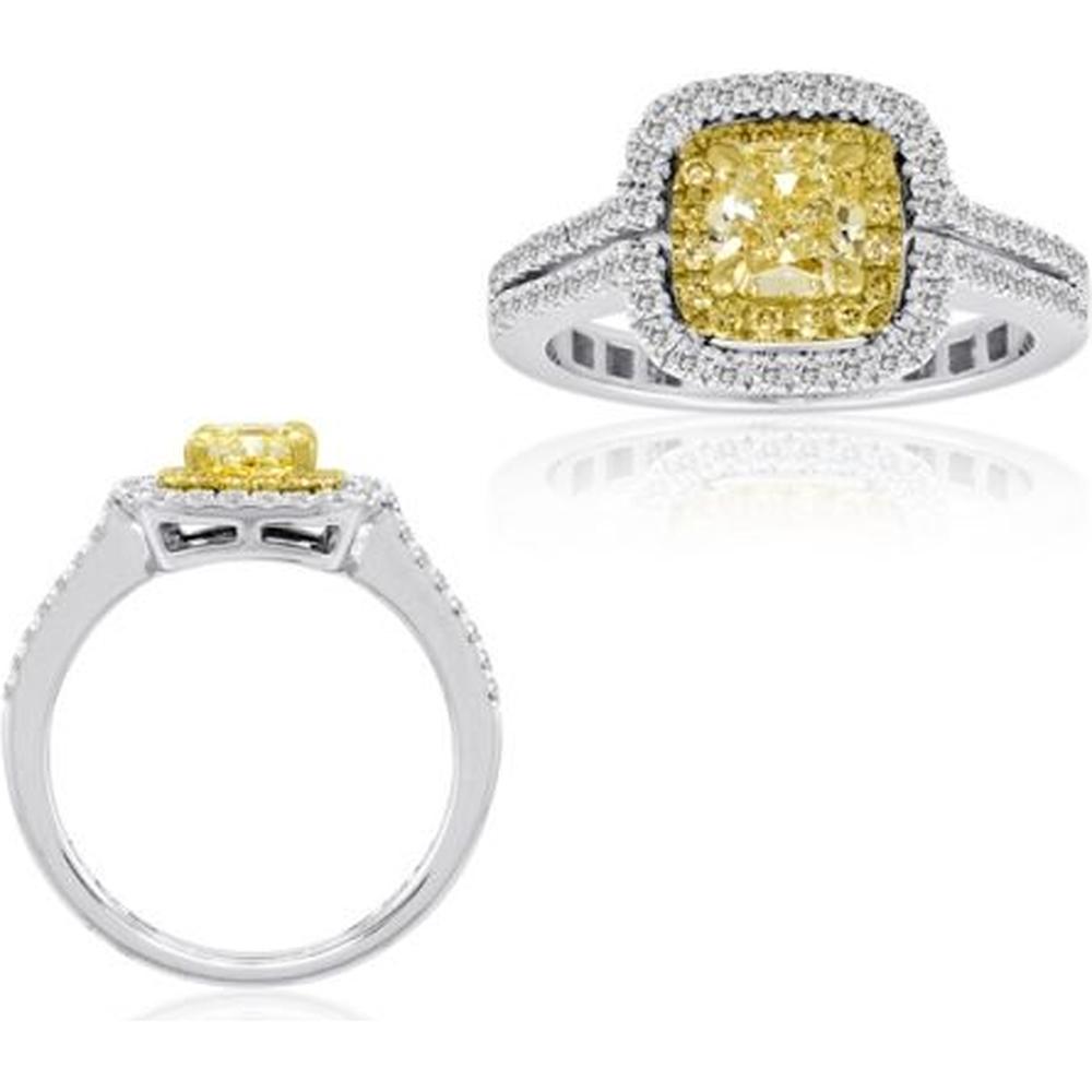 Roman & Jules - 18K White & Yellow Gold Cushion Fancy Yellow Diamond Ring with Round Diamonds - 0.96 Carat Total Diamond Weight