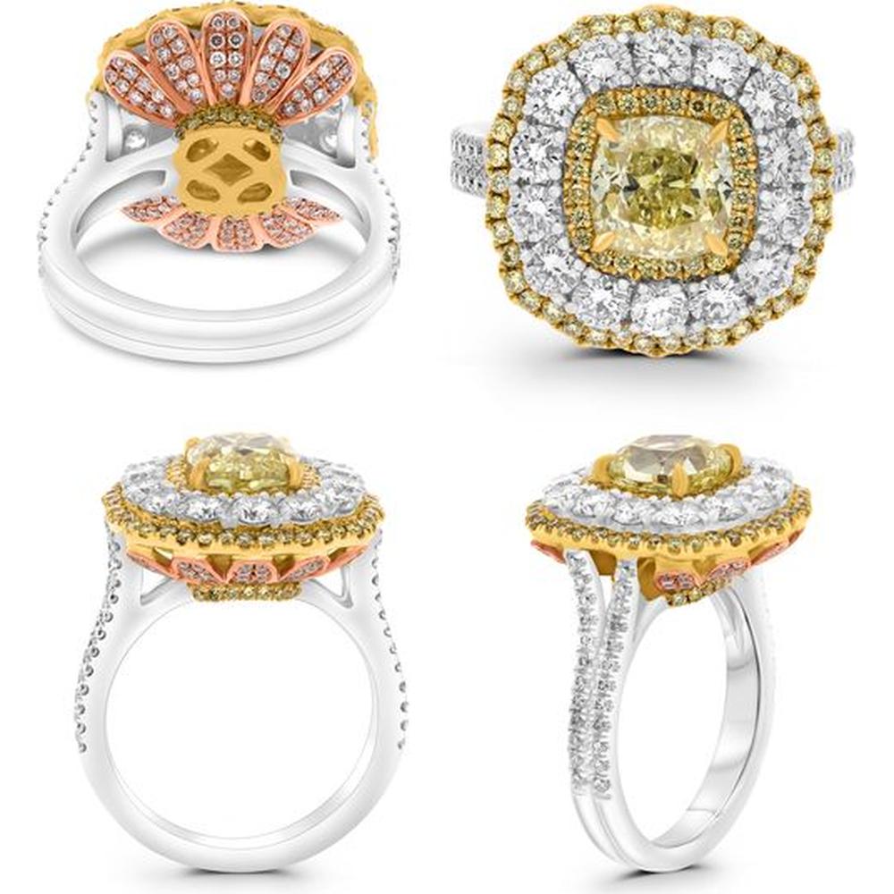Roman & Jules - 18K White and Yellow Gold Cushion Fancy Yellow Diamond Ring with Round Pink and White Diamonds - 2.13 Carat Total Diamond Weight