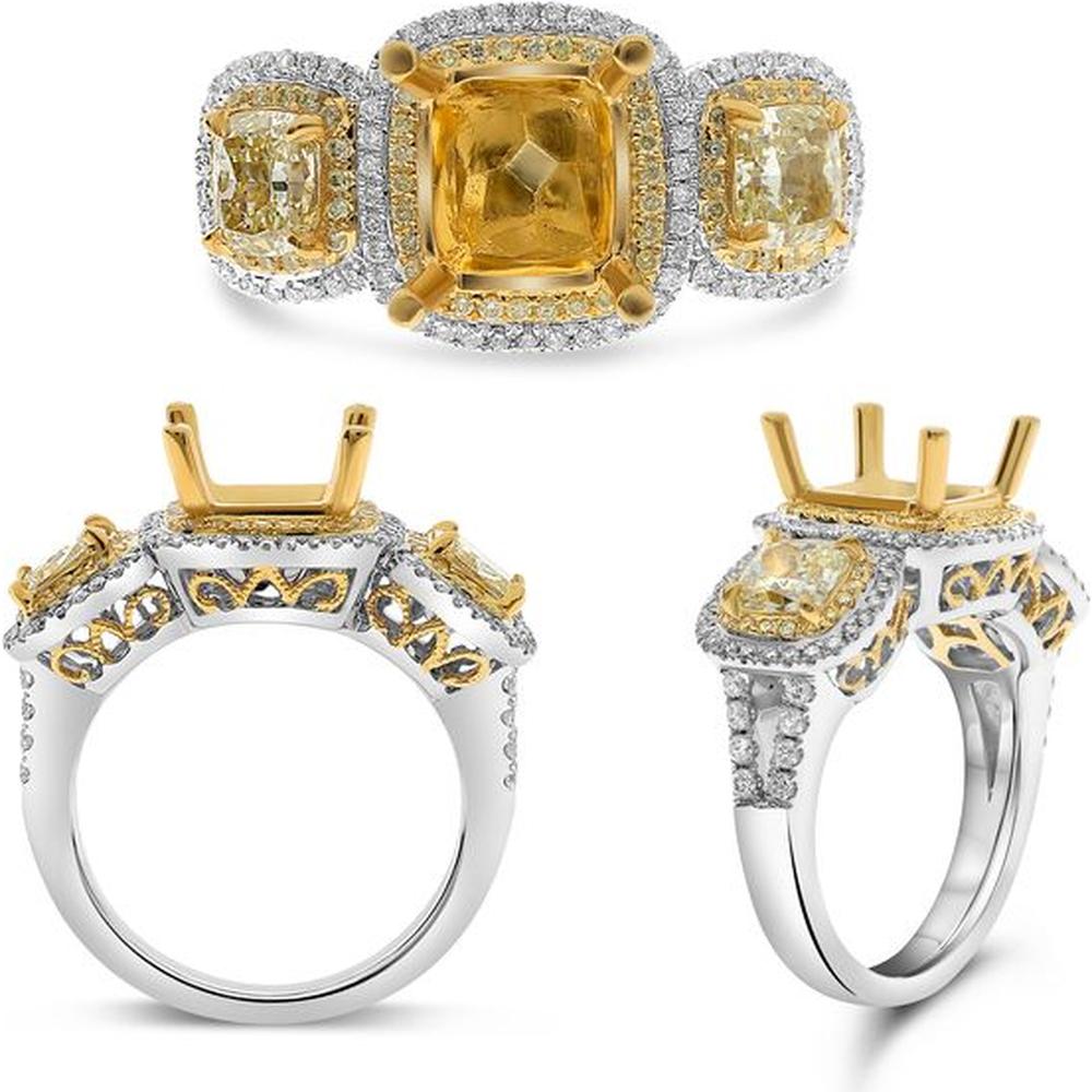 Roman & Jules - 18K White and Yellow Gold Cushion Fancy Yellow Diamond Ring with Round White Diamond Halo - 1.17 Carat Total Diamond Weight