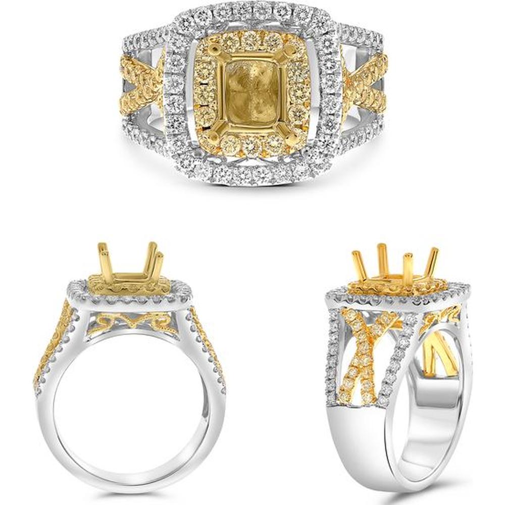 Roman & Jules - 18K White & Yellow Gold Cushion Fancy Yellow Diamond Ring with Round White Diamonds - 1.11 Carat Total Diamond Weight