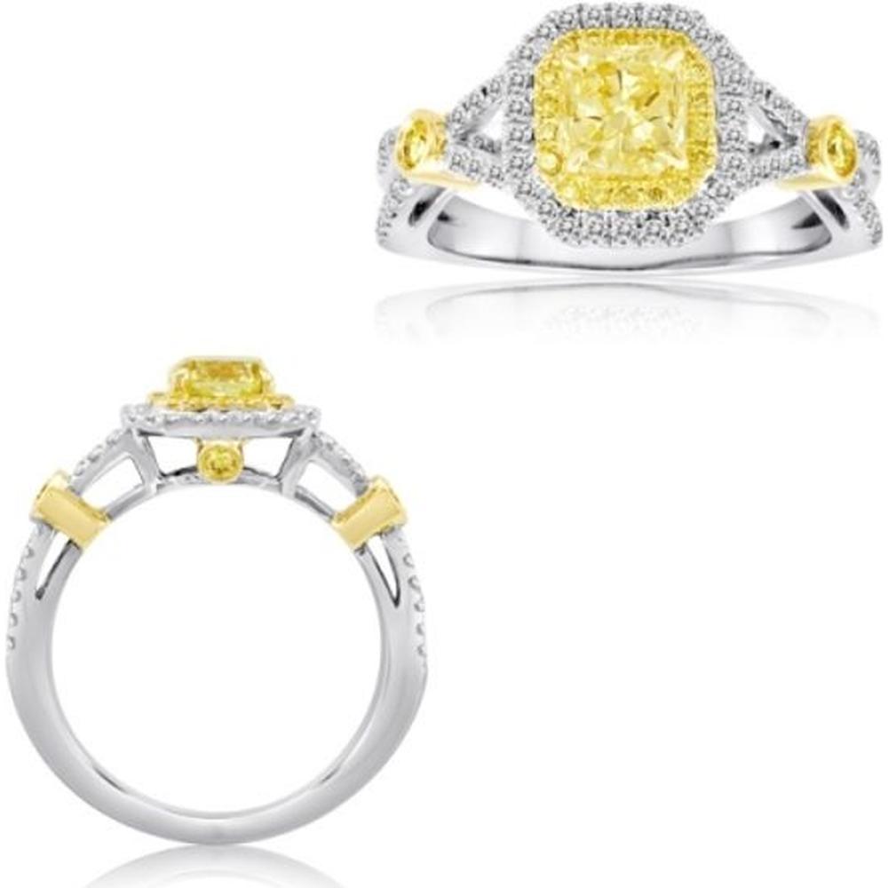 Roman & Jules - 18K White and Yellow Gold Cushion Fancy Yellow Diamond Ring with Round White Diamonds - 1.18 Carat Total Diamond Weight