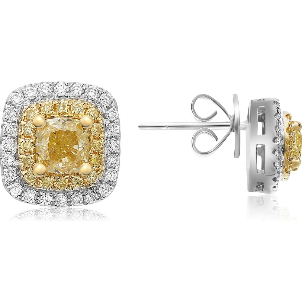Roman & Jules - 18K White and Yellow Gold Cushion Fancy Yellow Diamond Stud Earrings - 0.69 Carat Total Diamond Weight