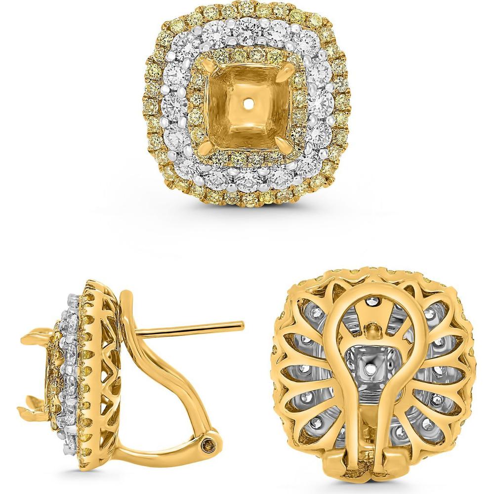 Roman & Jules - 18K White and Yellow Gold Cushion Fancy Yellow Diamond Stud Earrings with Round White Diamonds - 0.82 Carat Total Diamond Weight