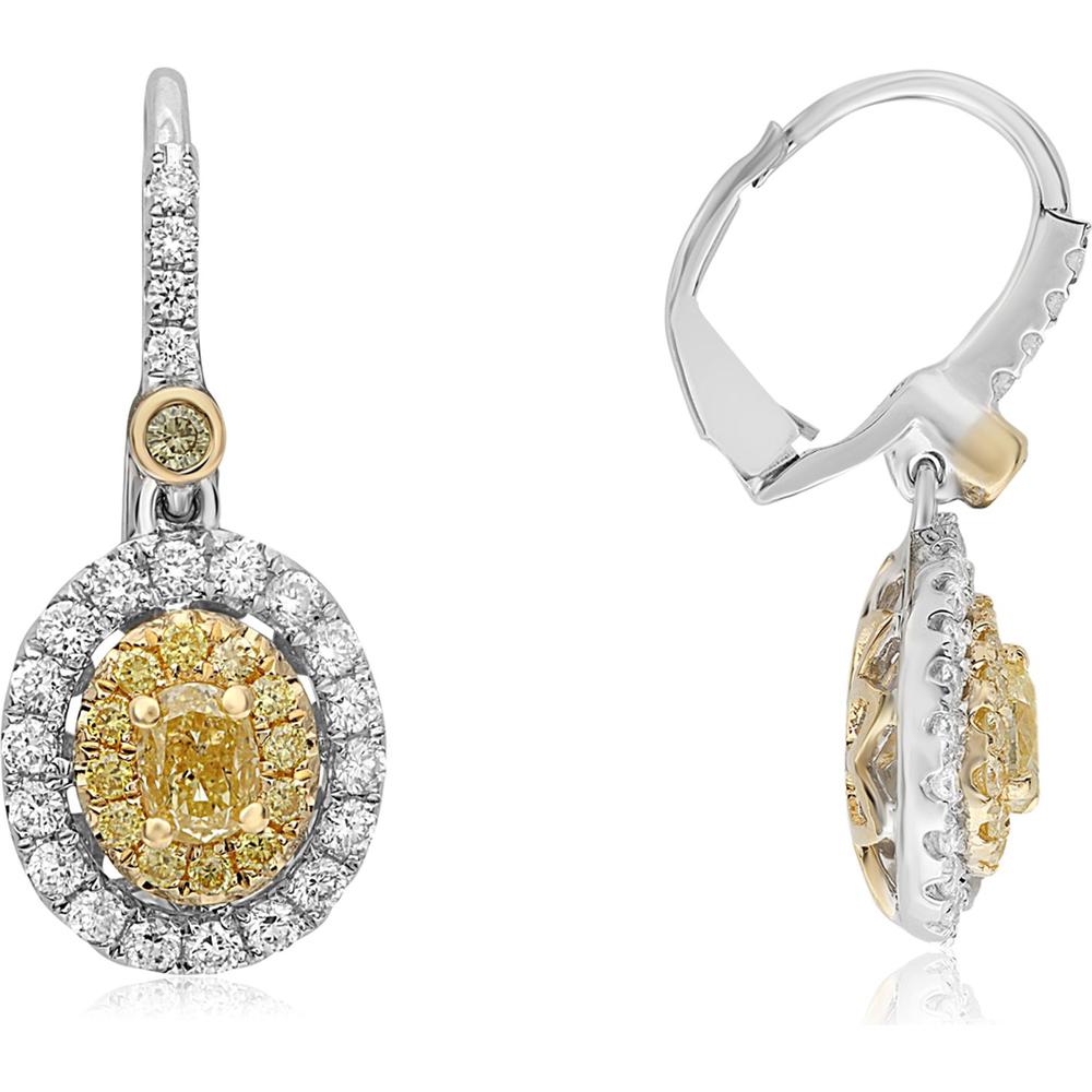 Roman & Jules - 18K White and Yellow Gold Double Halo Drop Earrings with Fancy Yellow and Round Diamonds - 0.54 Carat Total Diamond Weight