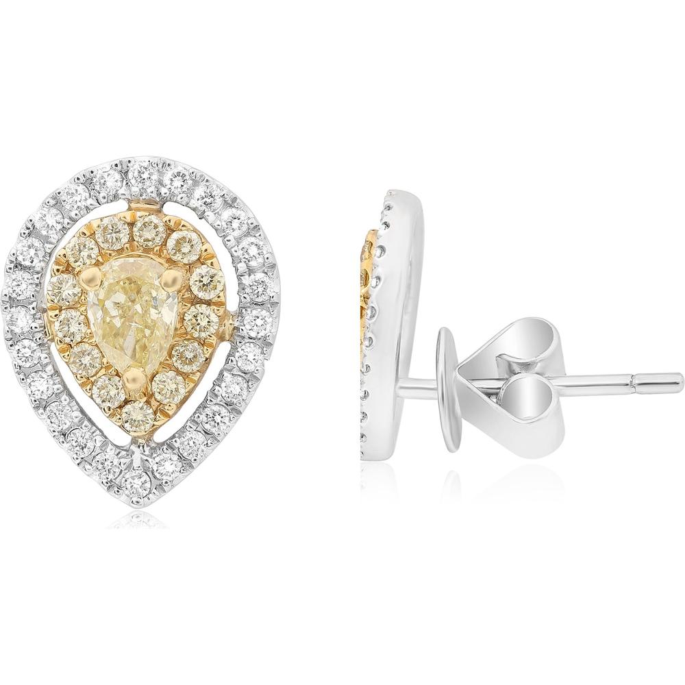 Roman & Jules - 18K White and Yellow Gold Double Halo Pear Shaped Yellow Diamond Stud Earrings - 0.52 Carat Total Diamond Weight