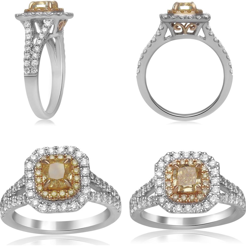 Roman & Jules - 18K White & Yellow Gold Double-Halo Ring with 1.01 Carat Cushion Fancy Yellow Diamond and 0.90 Carat Round Diamond Accents