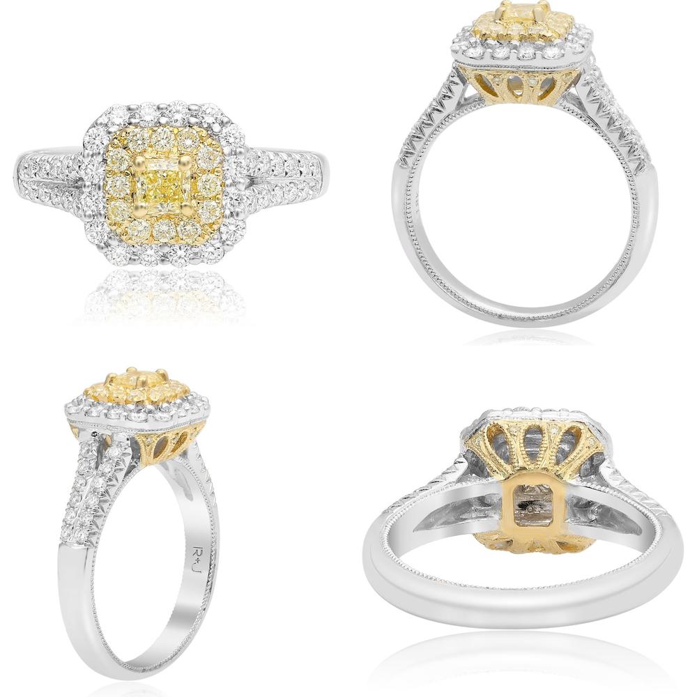 Roman & Jules - 18K White and Yellow Gold Double Halo Split Shank Diamond Ring with Fancy Yellow Radiant Cut Diamond - 1.04 Carat Total Diamond Weight