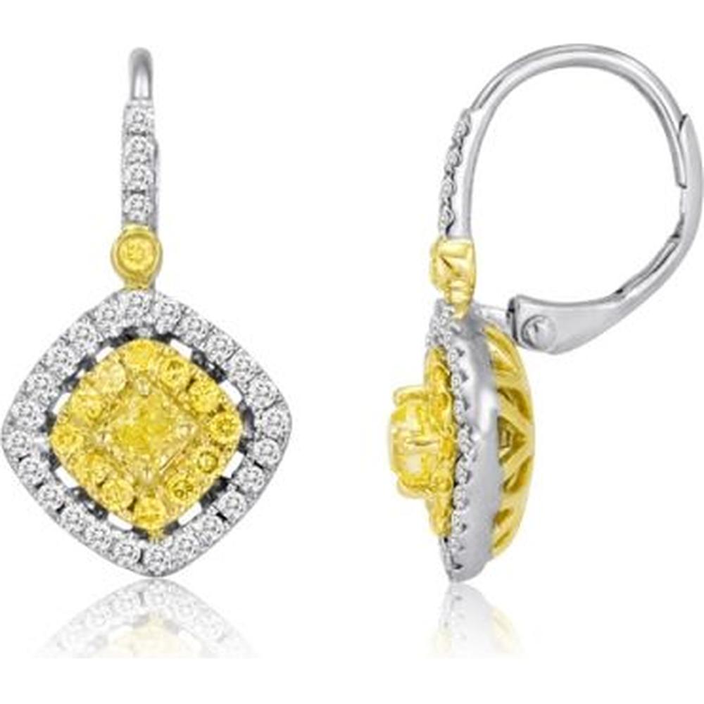 Roman & Jules - 18K White and Yellow Gold Drop Earrings with Fancy Yellow Cushion Cut Diamond and Round White Diamonds - 0.80 Carat Total Diamond Weight