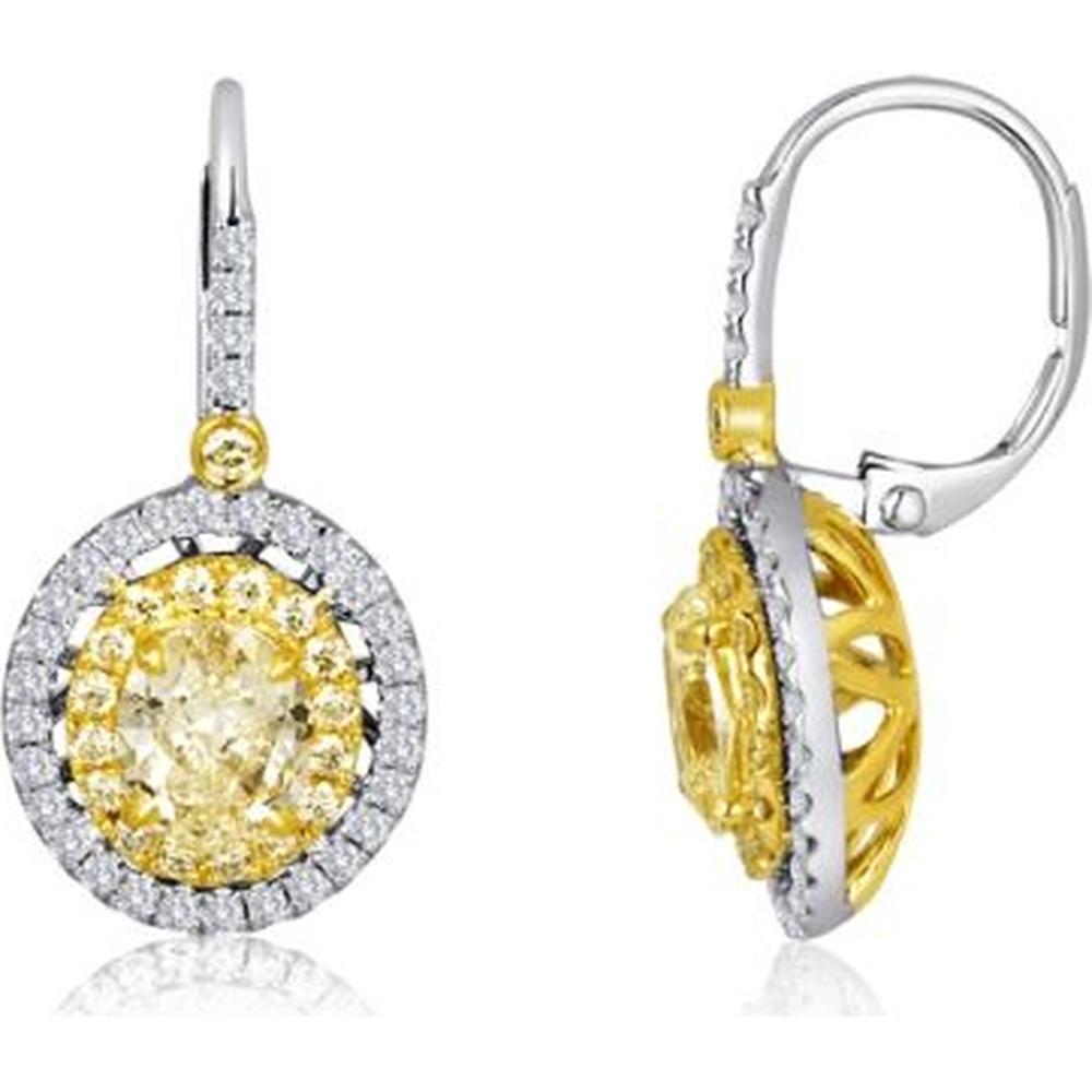 Roman & Jules - 18K White and Yellow Gold Drop Earrings with Fancy Yellow Oval and Round Diamonds - 1.41 Carat Total Diamond Weight