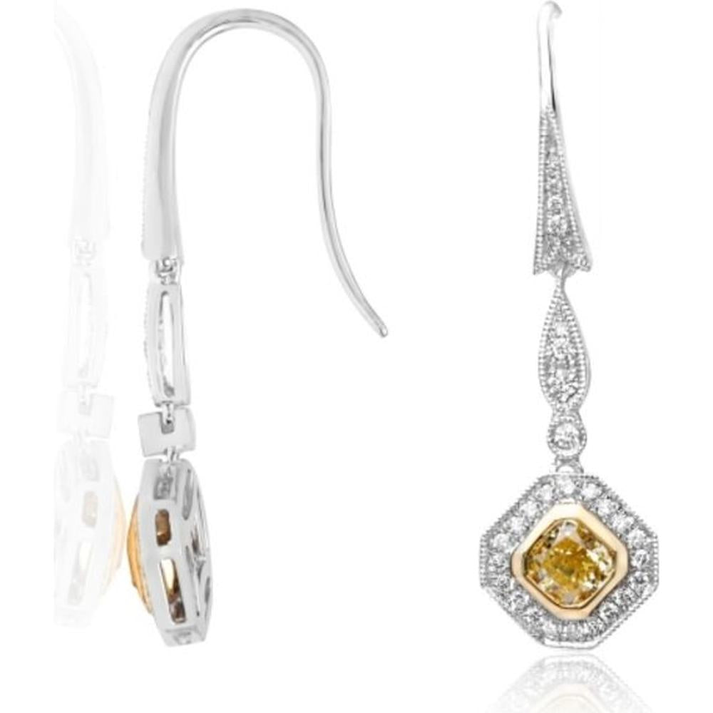 Roman & Jules - 18K White and Yellow Gold Drop Earrings with Fancy Yellow Radiant Cut Diamond - 0.77 Carat Total Diamond Weight