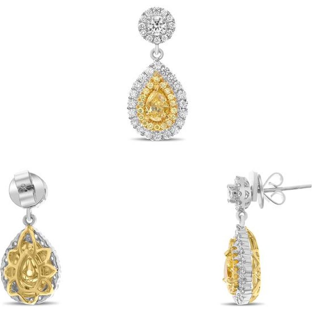Roman & Jules - 18K White and Yellow Gold Drop Earrings with Pear and Round Diamonds - 1.24 Carat Total Diamond Weight