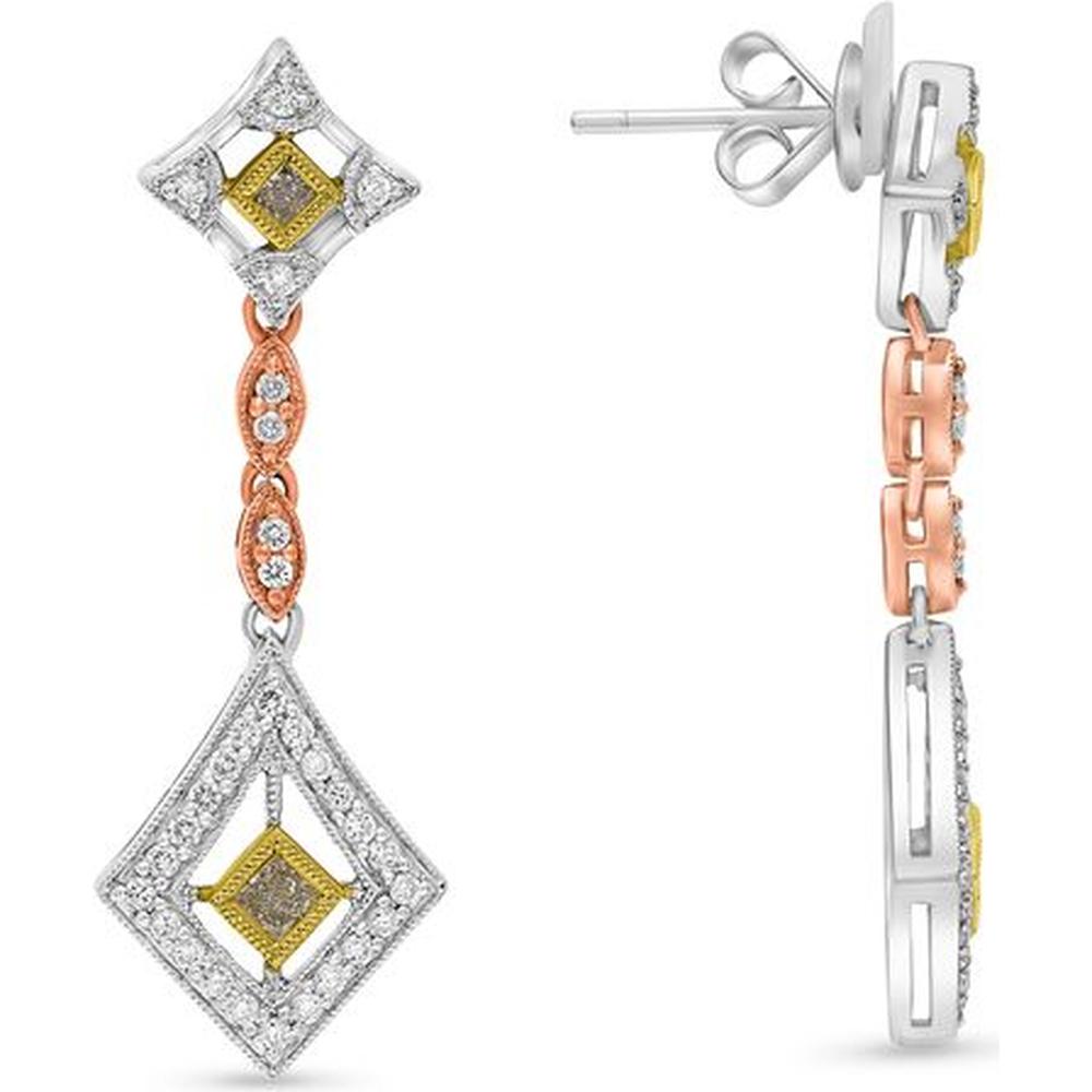 Roman & Jules - 18K White and Yellow Gold Drop Earrings with Radiant Cut Fancy Yellow and Pink Diamonds - 0.62 Carat Total Diamond Weight