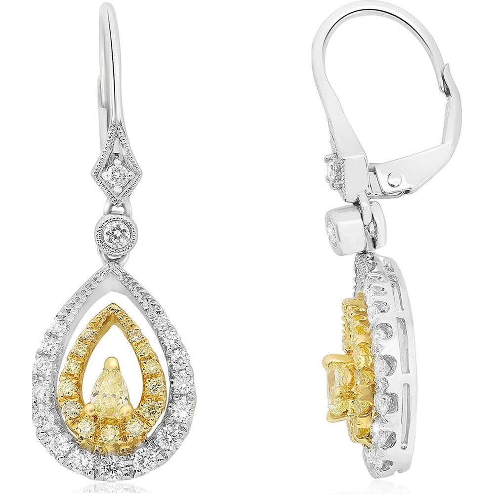 Roman & Jules - 18K White and Yellow Gold Earrings with Fancy Yellow Pear Shape Diamonds and Round Diamond Halo - 0.56 Carat Total Diamond Weight