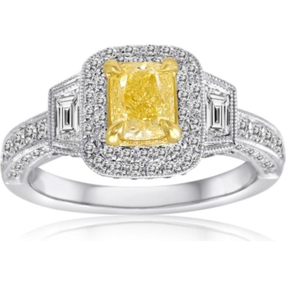 Roman & Jules - 18K White and Yellow Gold Emerald Cut Fancy Yellow Diamond Ring with Round Diamond Halo - 1.09 Carat Total Diamond Weight
