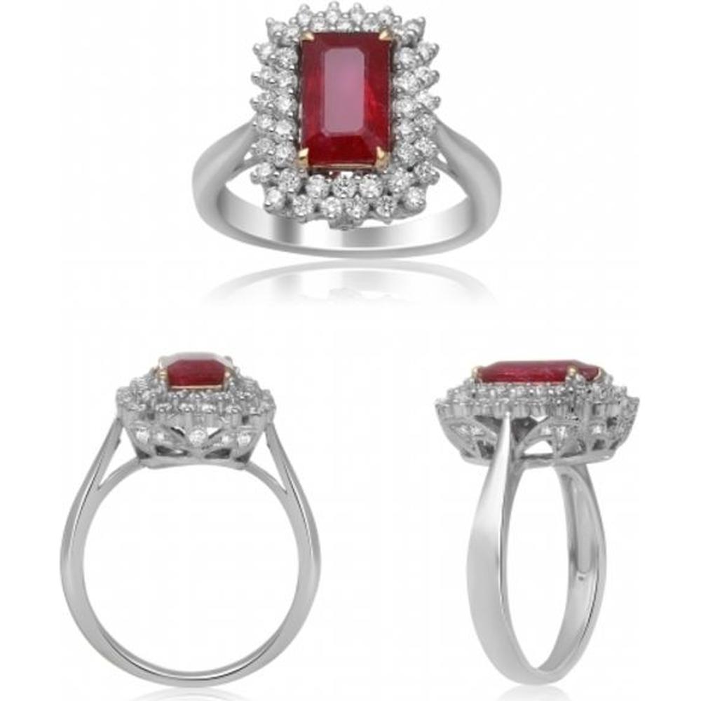 Roman & Jules - 18K White and Yellow Gold Emerald Cut Ruby Ring with Round Diamond Accent - 0.69 Carat Ruby, 2.11 Carat Total Diamond Weight