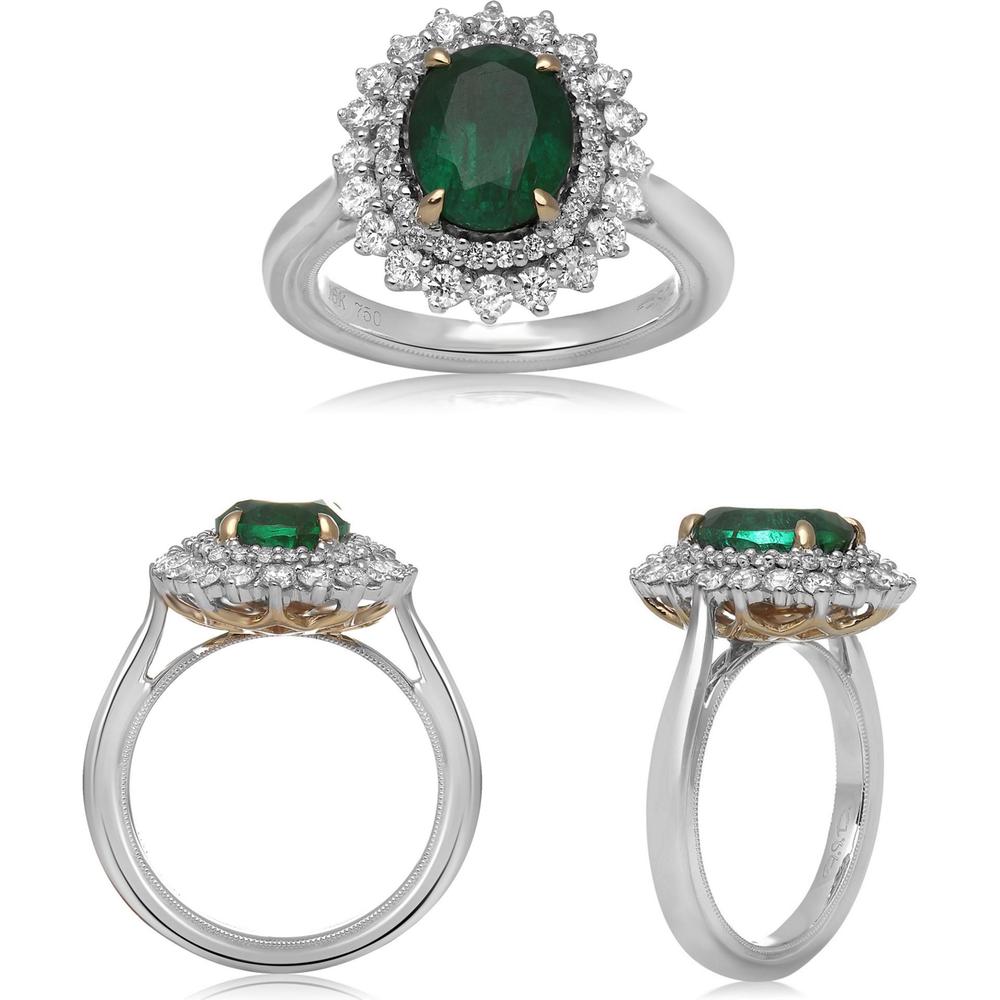 Roman & Jules - 18K White and Yellow Gold Emerald Ring with 0.85 Carat Round Diamonds - 2.21 Carat Total Emerald Weight