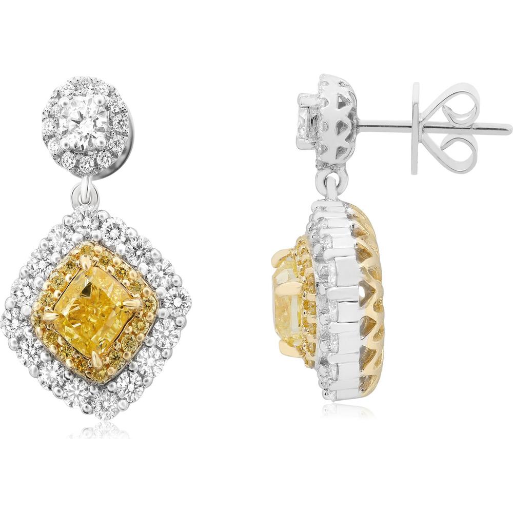 Roman & Jules - 18K White and Yellow Gold Fancy Yellow Diamond Drop Earrings with Round Diamonds - 1.00 Carat Total Yellow Diamond Weight
