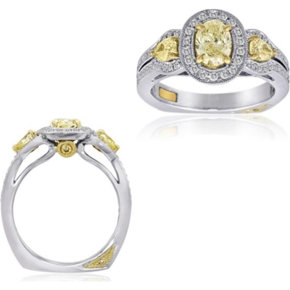 Roman & Jules - 18K White and Yellow Gold Fancy Yellow Diamond Halo Ring with Oval and Pear Shaped Diamonds - 1.40 Carat Total Diamond Weight