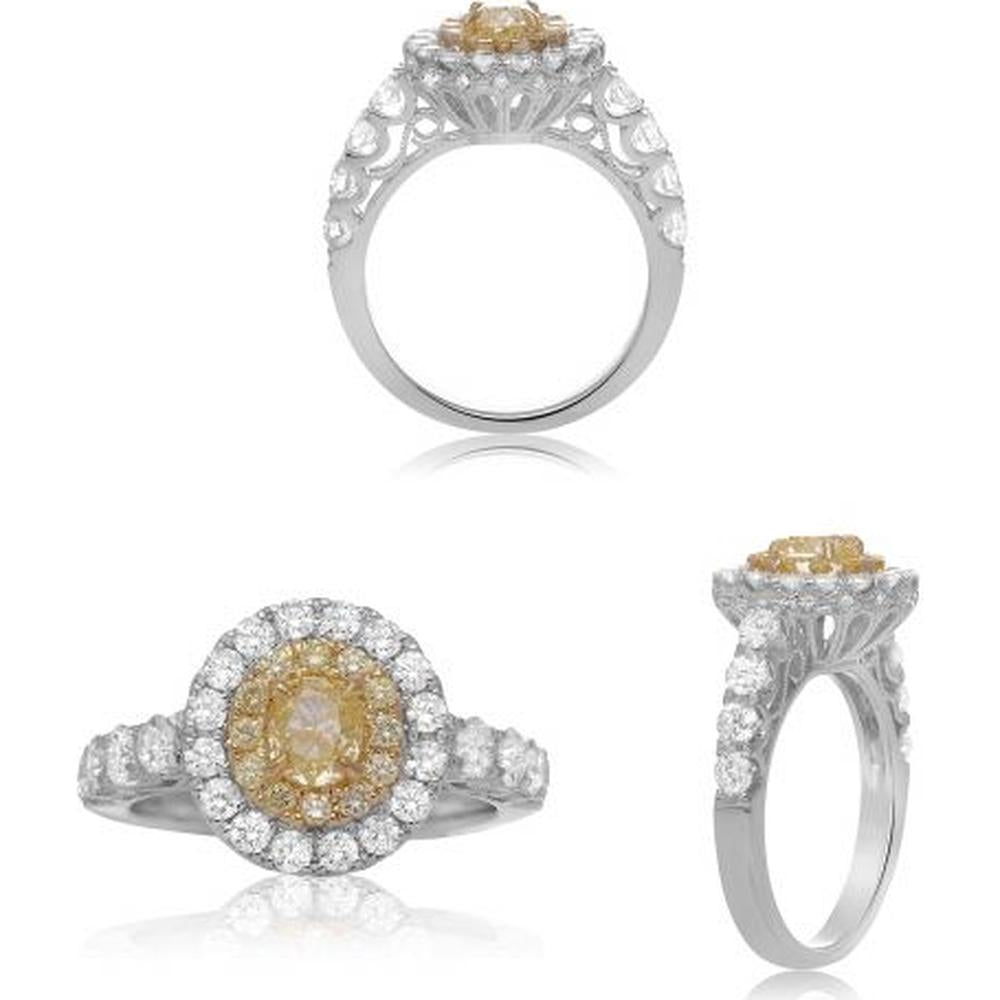 Roman & Jules - 18K White and Yellow Gold Fancy Yellow Diamond Halo Ring with Oval and Round Diamonds - 1.18 Carat Total Diamond Weight