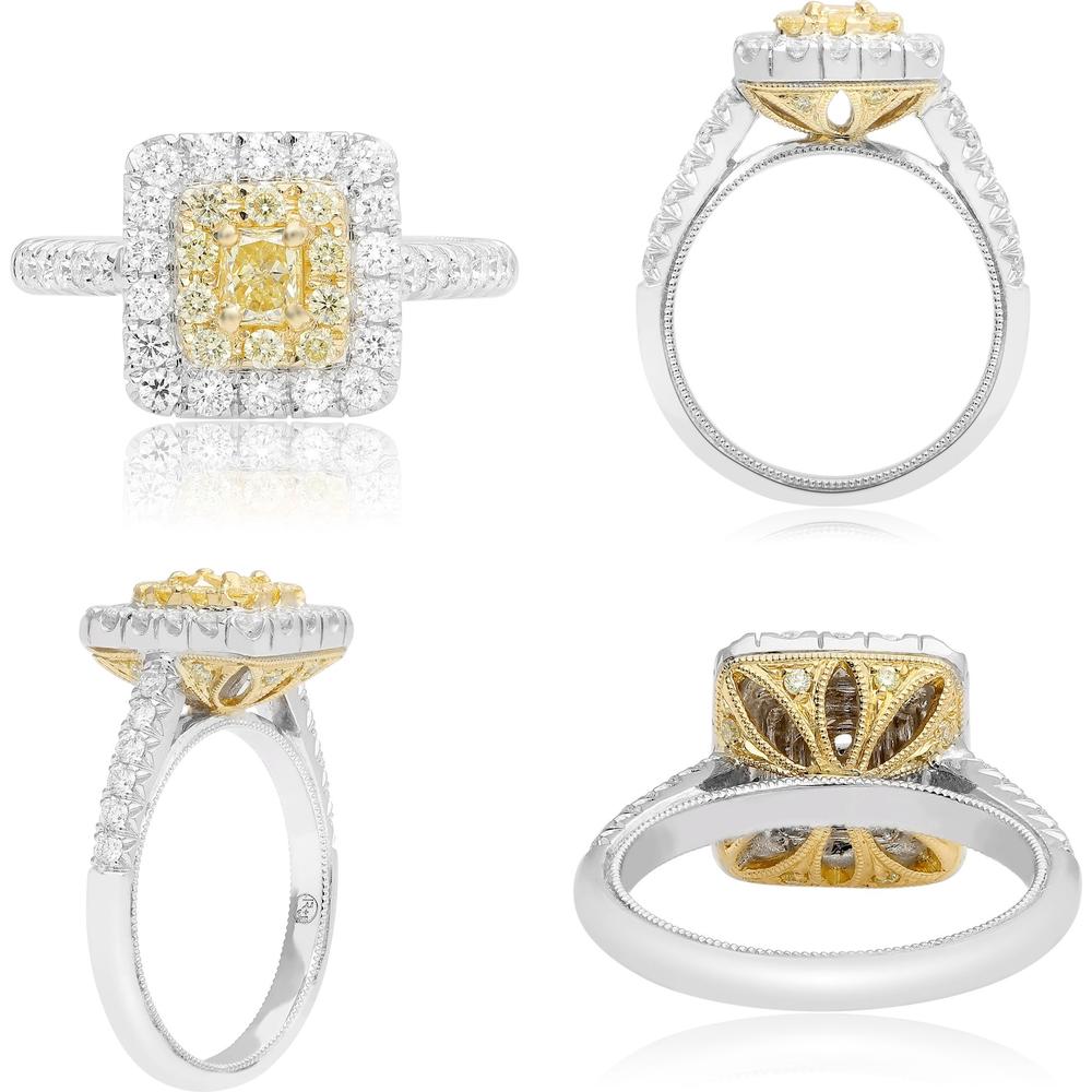 Roman & Jules - 18K White and Yellow Gold Fancy Yellow Diamond Halo Ring with Round White Diamonds - 0.56 Carat Total Diamond Weight