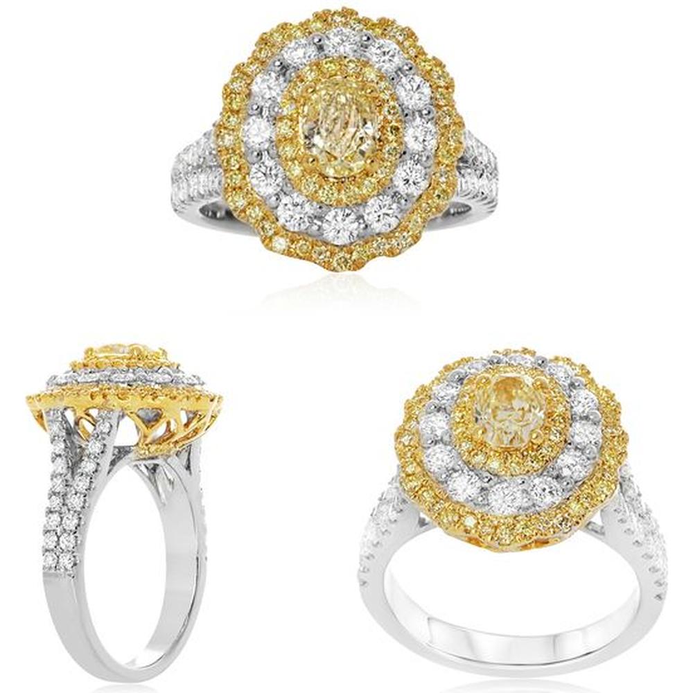 Roman & Jules - 18K White and Yellow Gold Fancy Yellow Diamond Halo Ring with Triple Diamond Setting - 1.23 Carat Total Diamond Weight