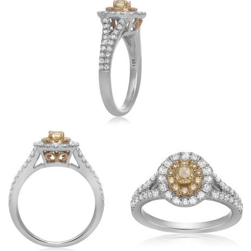 Roman & Jules - 18K White and Yellow Gold Fancy Yellow Diamond Oval Halo Ring with Round Diamonds - 1.00 Carat Total Diamond Weight