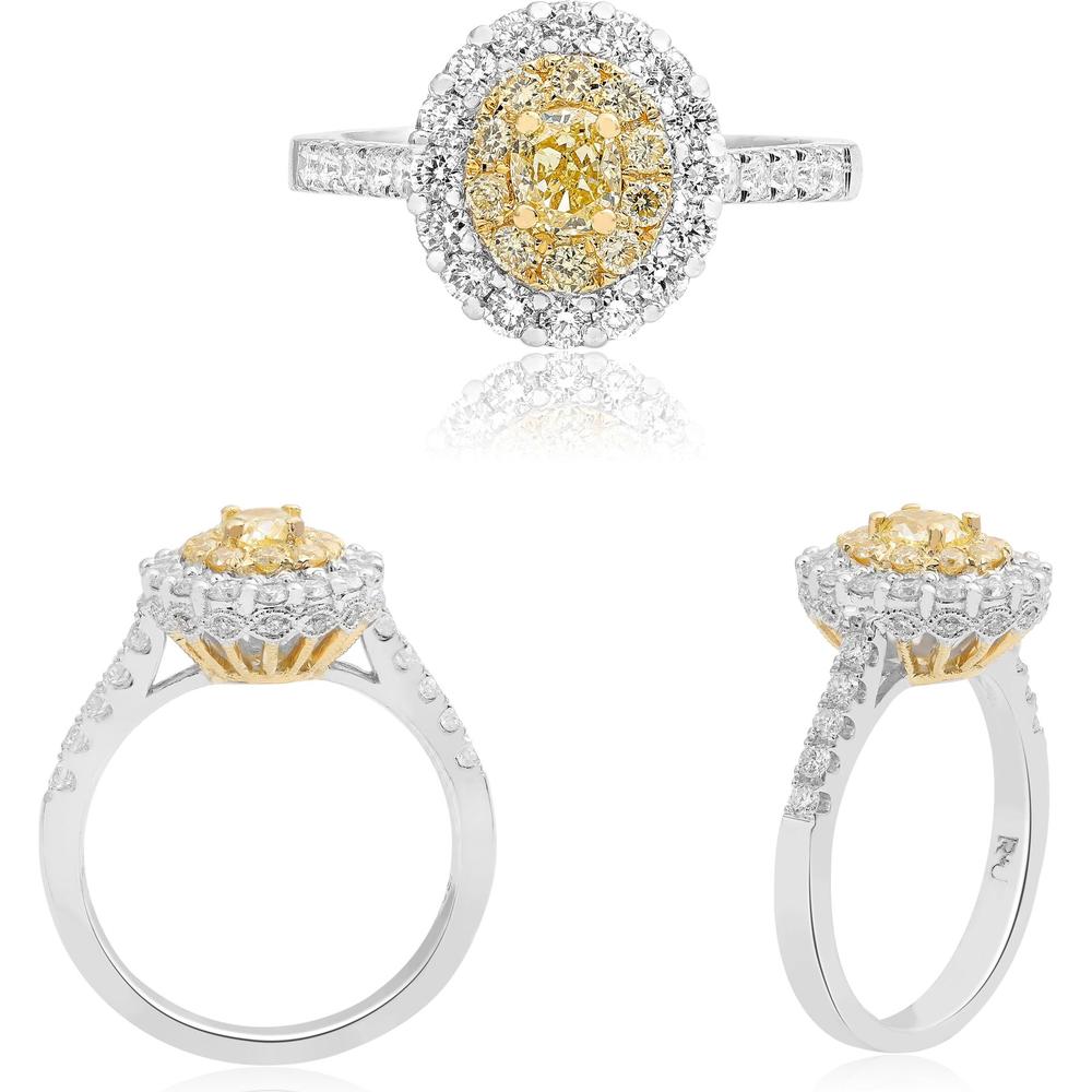 Roman & Jules - 18K White and Yellow Gold Fancy Yellow Diamond Oval Halo Ring with Round Diamonds - 1.34 Carat Total Diamond Weight