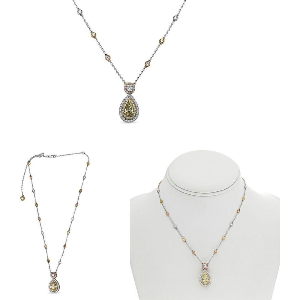 Roman & Jules - 18K White & Yellow Gold Fancy Yellow Diamond Pear Shape Necklace with Round White, Yellow, and Pink Diamonds - 3.42 Carat Total Diamond Weight