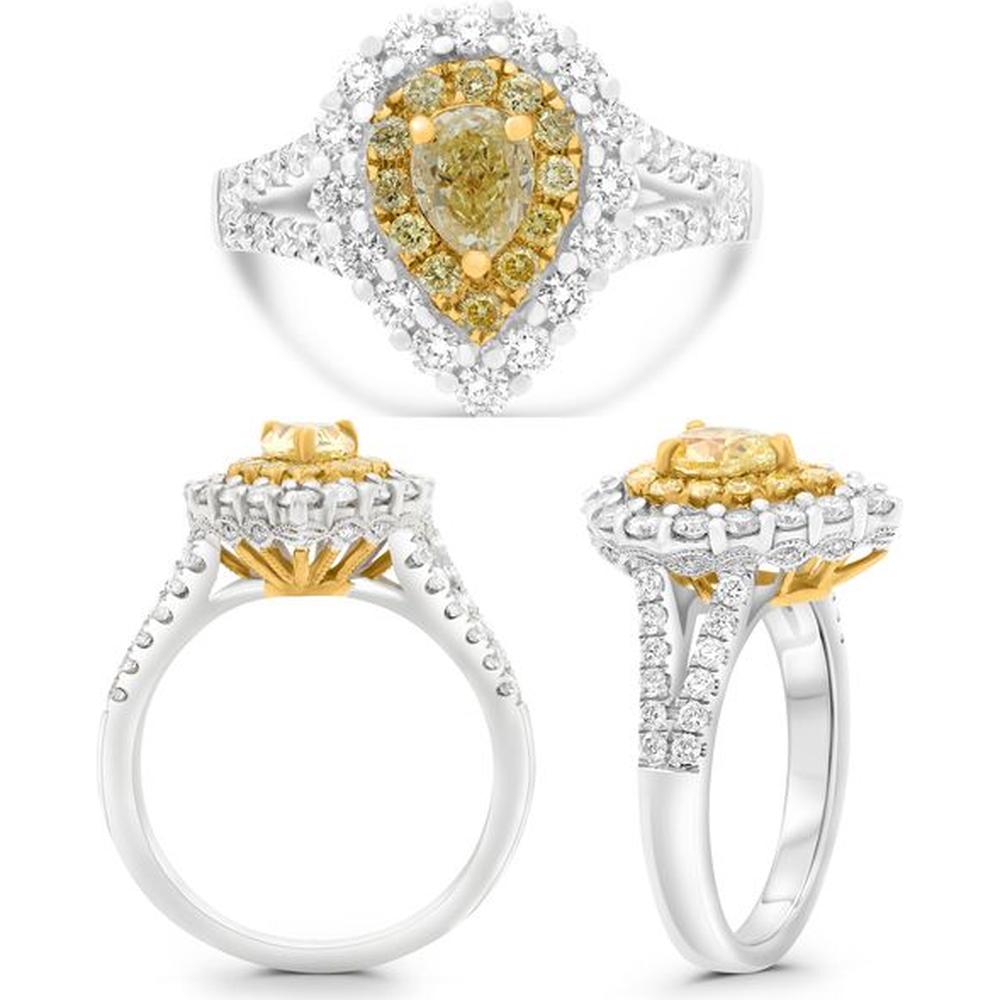 Roman & Jules - 18K White & Yellow Gold Fancy Yellow Diamond Pear Shaped Halo Ring with Round Diamonds - 1.33 Carat Total Diamond Weight