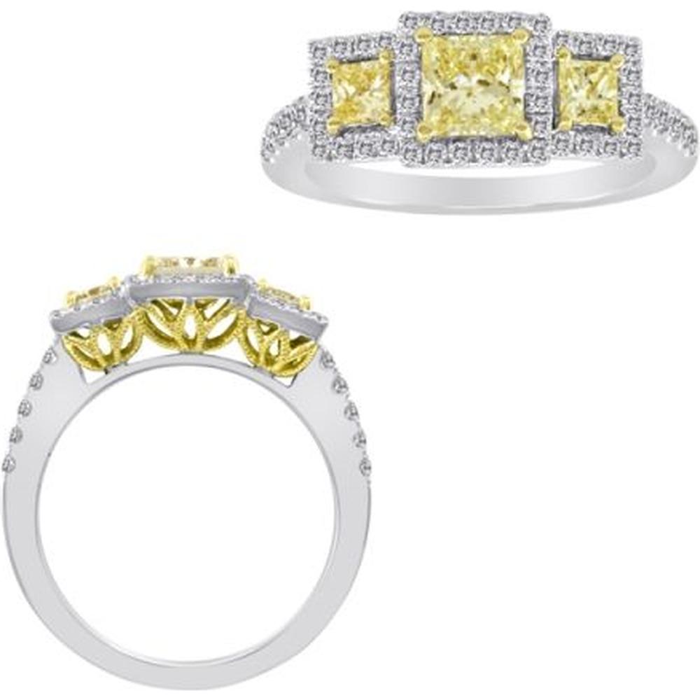 Roman & Jules - 18K White and Yellow Gold Fancy Yellow Diamond Ring with Radiant Cut Yellow and Round White Diamonds - 1.75 Carat Total Diamond Weight