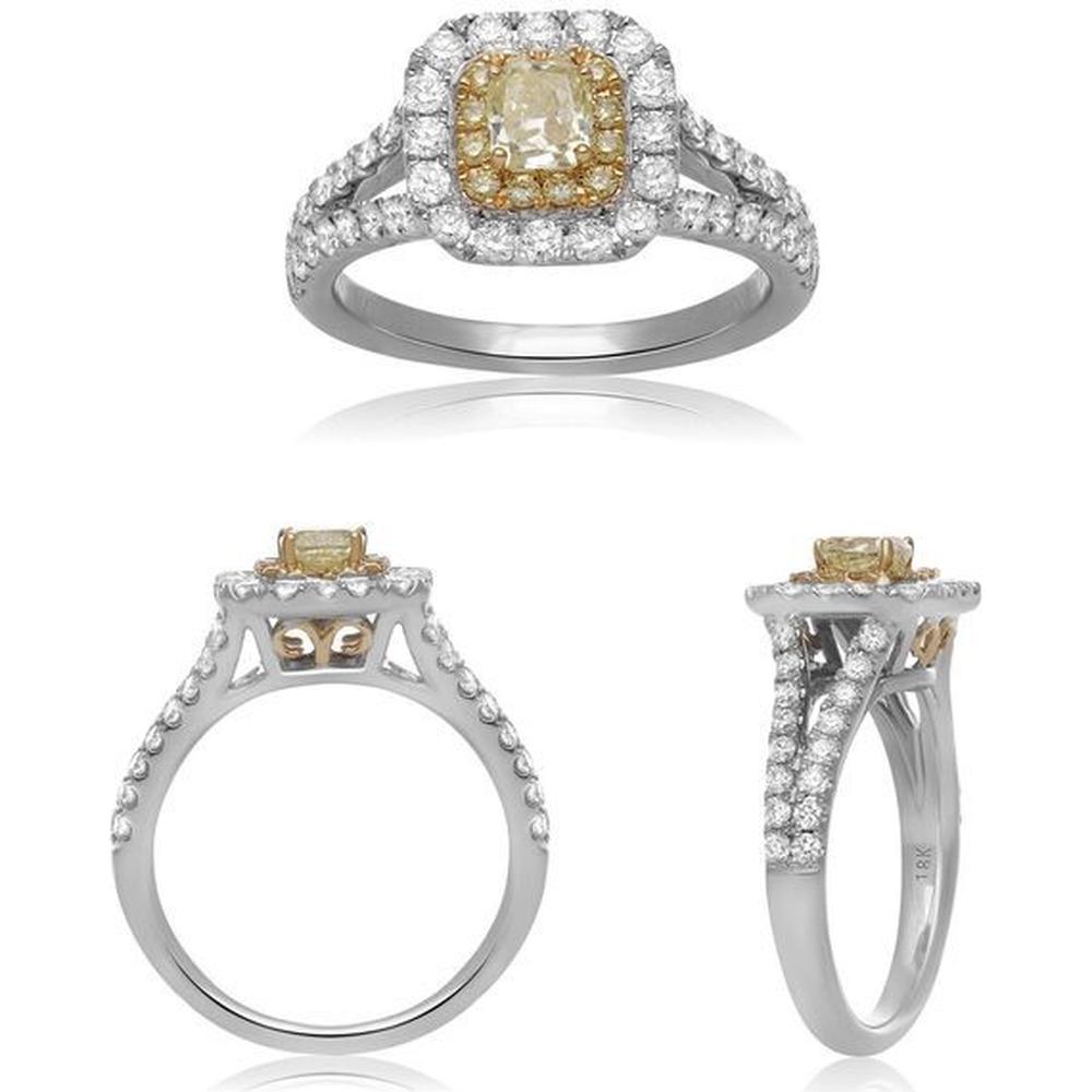 Roman & Jules - 18K White and Yellow Gold Fancy Yellow Diamond Ring with Round Diamond Halo - 0.73 Carat Total Diamond Weight