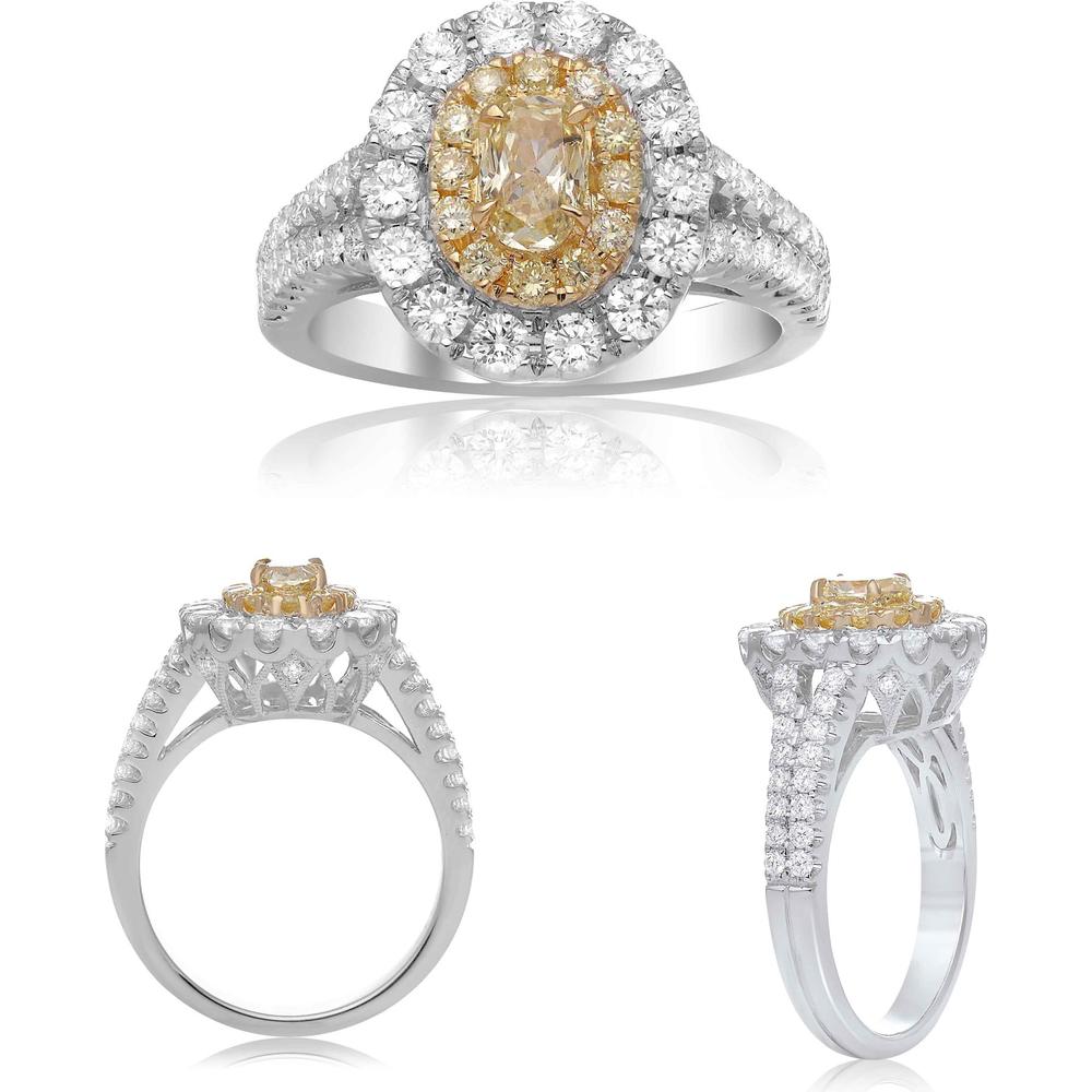 Roman & Jules - 18K White and Yellow Gold Fancy Yellow Oval Diamond Halo Ring with Round Diamonds - 1.01 Carat Oval Yellow Diamond, 0.21 Carat Round Diamonds