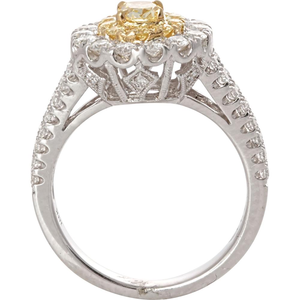 Roman & Jules - 18K White and Yellow Gold Fancy Yellow Oval Diamond Ring with Double Halo and Round White Diamonds - 1.07 Carat Total Diamond Weight