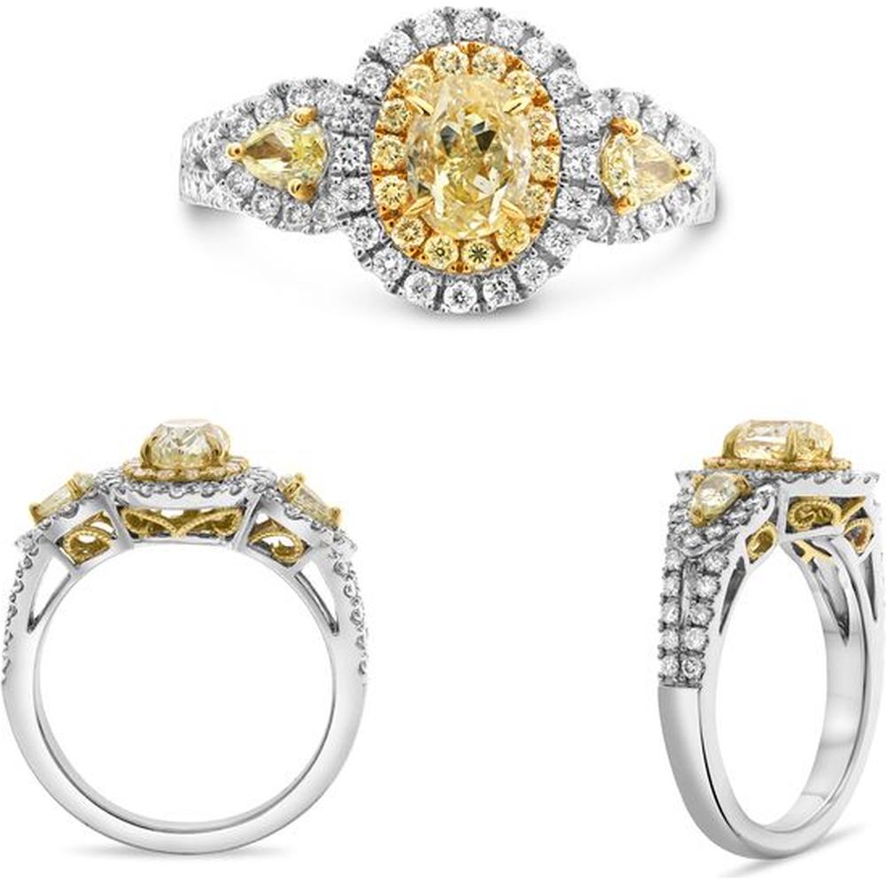 Roman & Jules - 18K White and Yellow Gold Fancy Yellow Oval Diamond Ring with Halo of Round and Pear-Shaped Diamonds - 1.86 Carat Total Diamond Weight