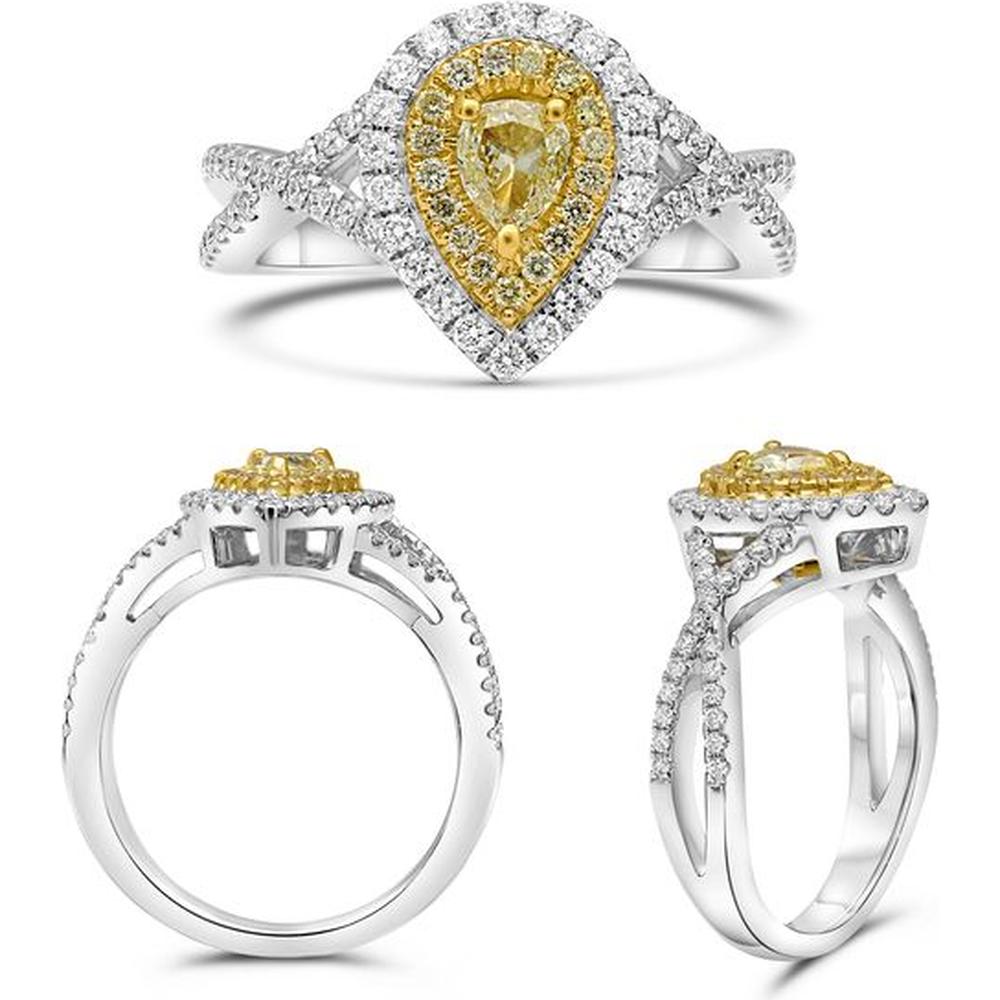 Roman & Jules - 18K White and Yellow Gold Fancy Yellow Pear Shape Diamond Ring with Round Diamond Accents - 1.09 Carat Total Diamond Weight