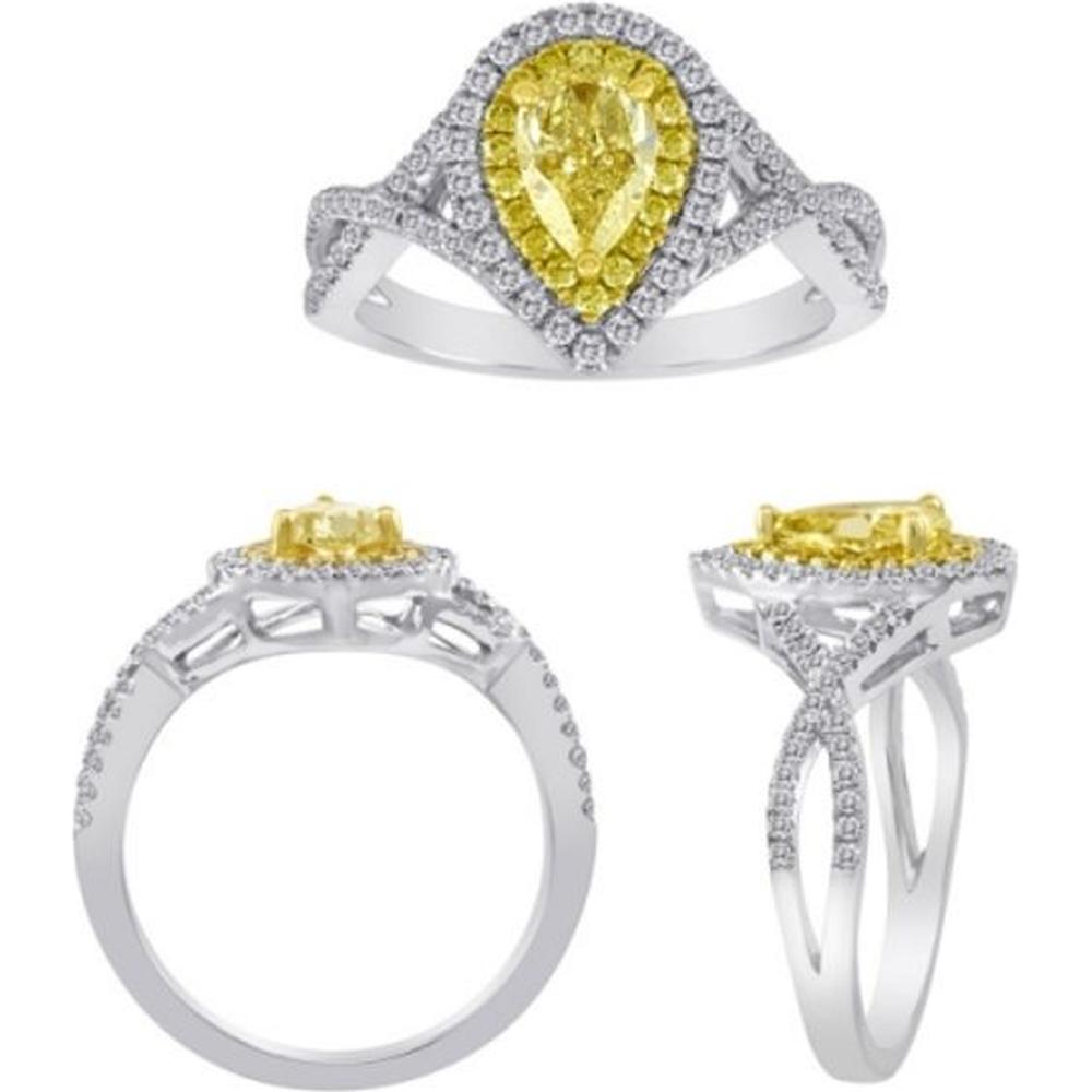 Roman & Jules - 18K White & Yellow Gold Fancy Yellow Pear Shape Diamond Ring with Round White Diamonds - 0.52 Carat Total Diamond Weight